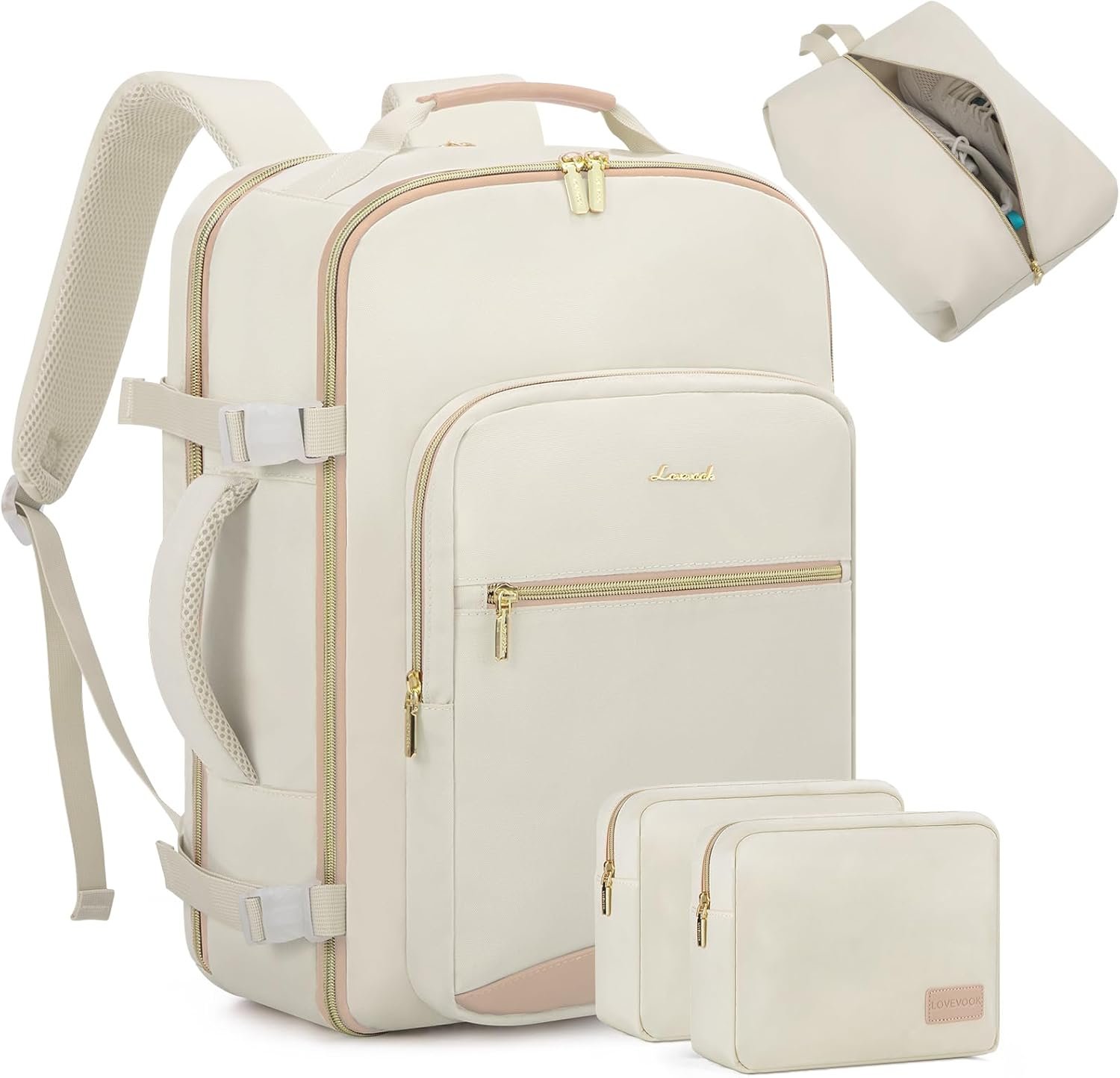 LOVEVOOK Travel Backpack for Women Men as Personal Item Flight Approved, 40L Luggage Carry On Backpack,17.3inch Large Laptop Backpack Waterproof Outdoor Sports with 3 Packing Cubes,Beige-Flesh beige