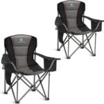 ALPHA CAMP Oversized Camping Folding Chair, Heavy Duty Support 450 LBS Steel Frame Collapsible Padded Arm Chair with Cup Holder Quad Lumbar Back, Portable for Outdoor