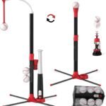 3-in-1 T Ball Set - Adjustable Height, Hanging Tee Ball Set with Automatic Pitching Machine/6 Balls/Retractable Bat, TBall Stand Suit for Outdoor, Sport Toys Gifts for Kids Boys Age 3+