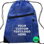 DISCOUNT PROMOS Custom Drawstring BackPacks with Pocket Set of 100, Personalized Bulk Pack - Water Resistant, Perfect for Gym, Camping, Beach, Outdoor Sports - Blue