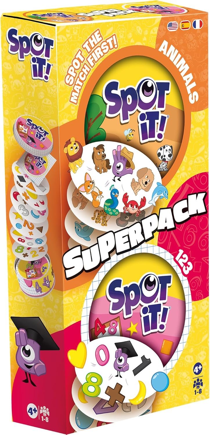 Spot It! Super Pack Kids (2024 Refresh) Eco Big Box - Includes Animals and 1,2,3 Editions, Family Card Game Bundle for Quick Reflexes! Ages 6+, 2-8 Players, 10 Minute Playtime