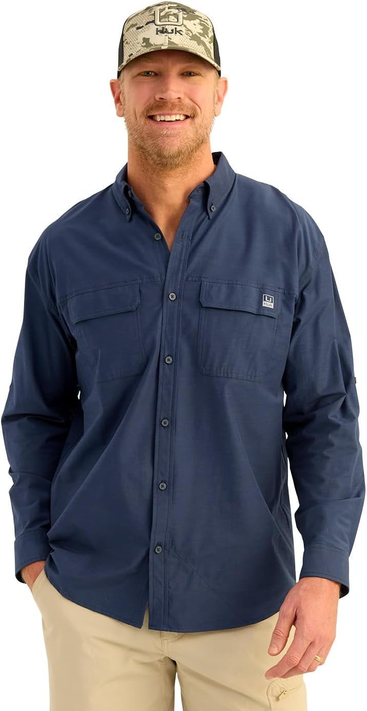 HUK Men's Next Level Solid Long Sleeve Fishing Button Down Shirt