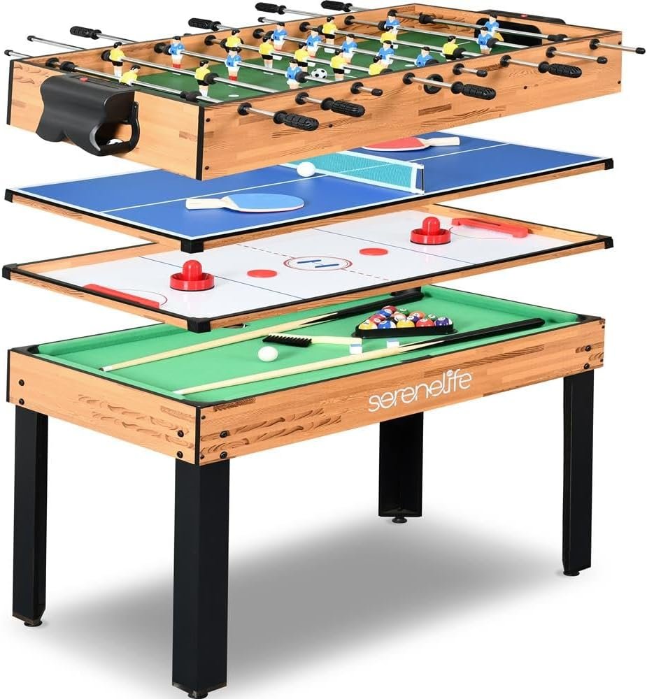SereneLife 4in1 Multi Game Table, 48" Sports Arcade with Accessories, Ping Pong, Air Hockey, Pool Billiards, Soccer Foosball All in One, for Indoor and Outdoor, Family, Kids and Adults