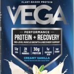 Vega Sport Vegan Protein Powder + Recovery - 30g Plant Based Protein per Serving, Vanilla, 20 Servings, 5g BCAAs, Probiotics, NSF Certified, For Shakes & Smoothies, 1.8lbs (Packaging May Vary)