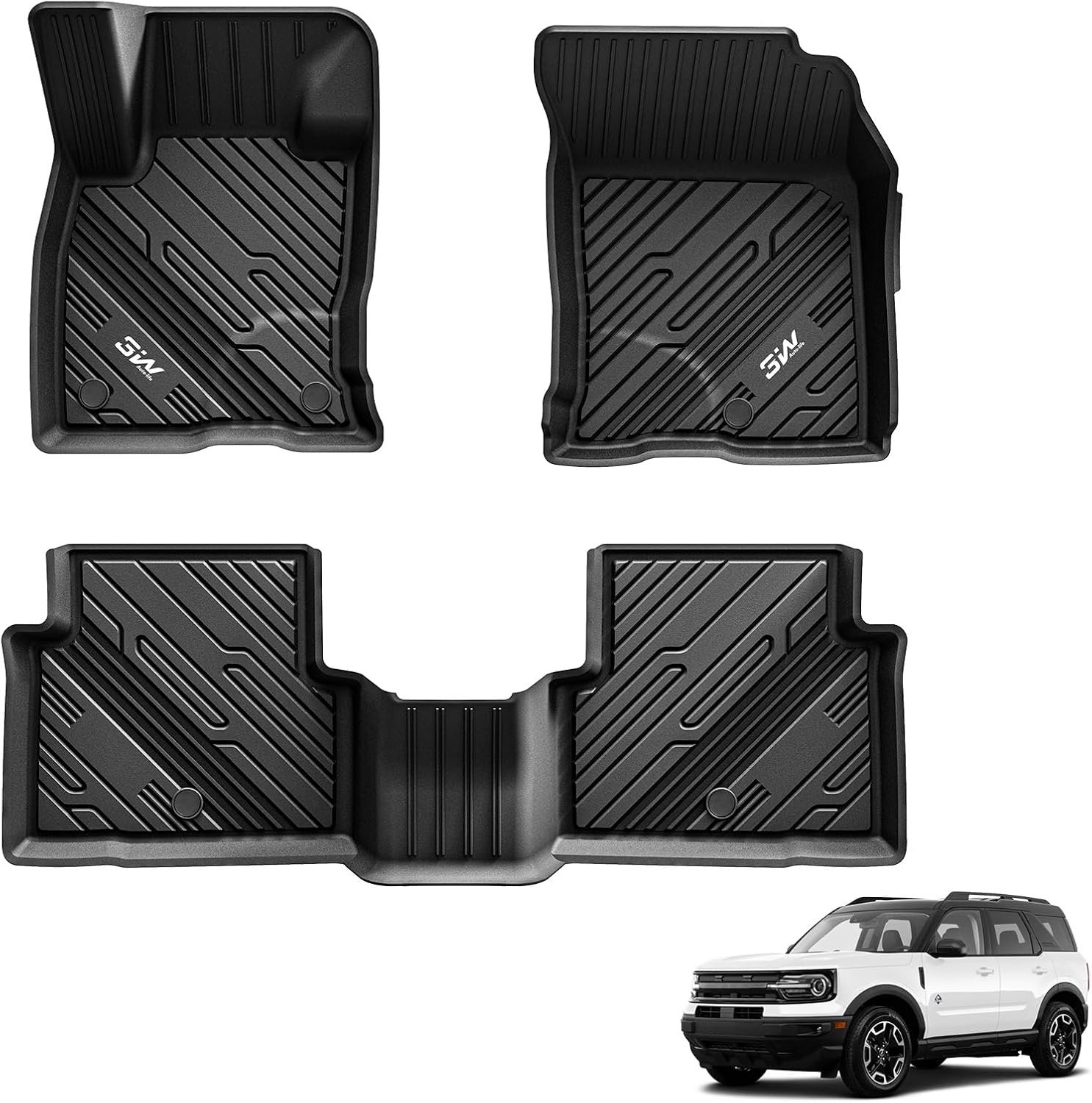3W Floor Mats Fit for Ford Bronco Sport 2021 2022 2023 2024 2025 All Weather TPE Car Accessories Custom Fit Full Set Ford Bronco Sport Car Mats (Not for Bronco & Rubberized Floor)
