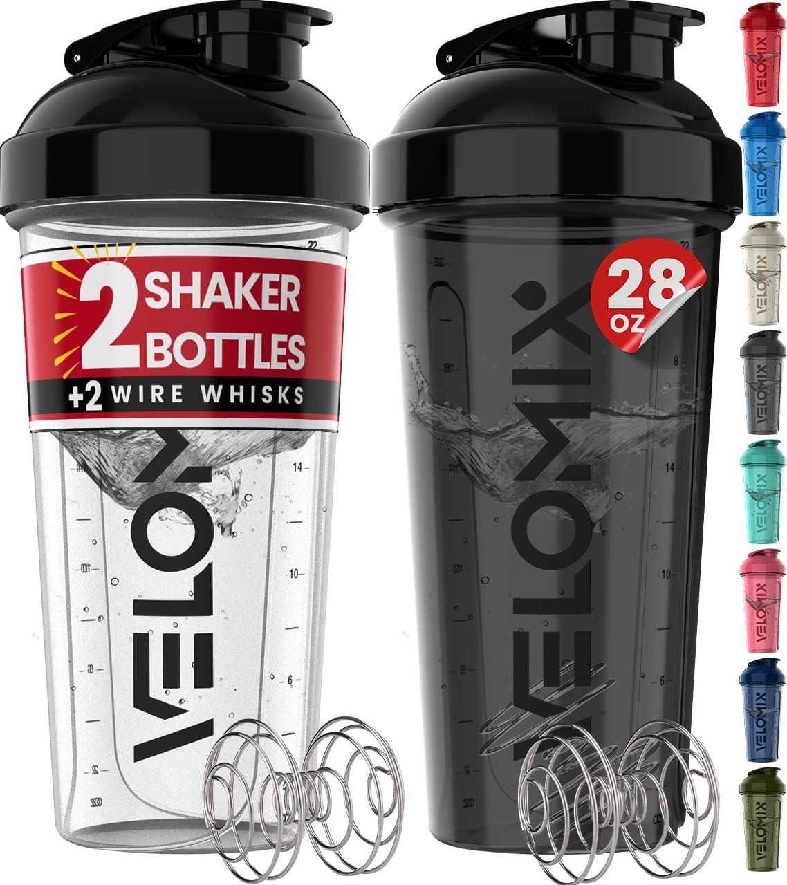 -2 Pack- 28 oz Protein Shaker Bottles for Protein Mixes - 2x Wire Whisk | Leak Proof Shaker Cups for Protein Shakes | Protein Shaker Bottle Pack (Black/Transparent)