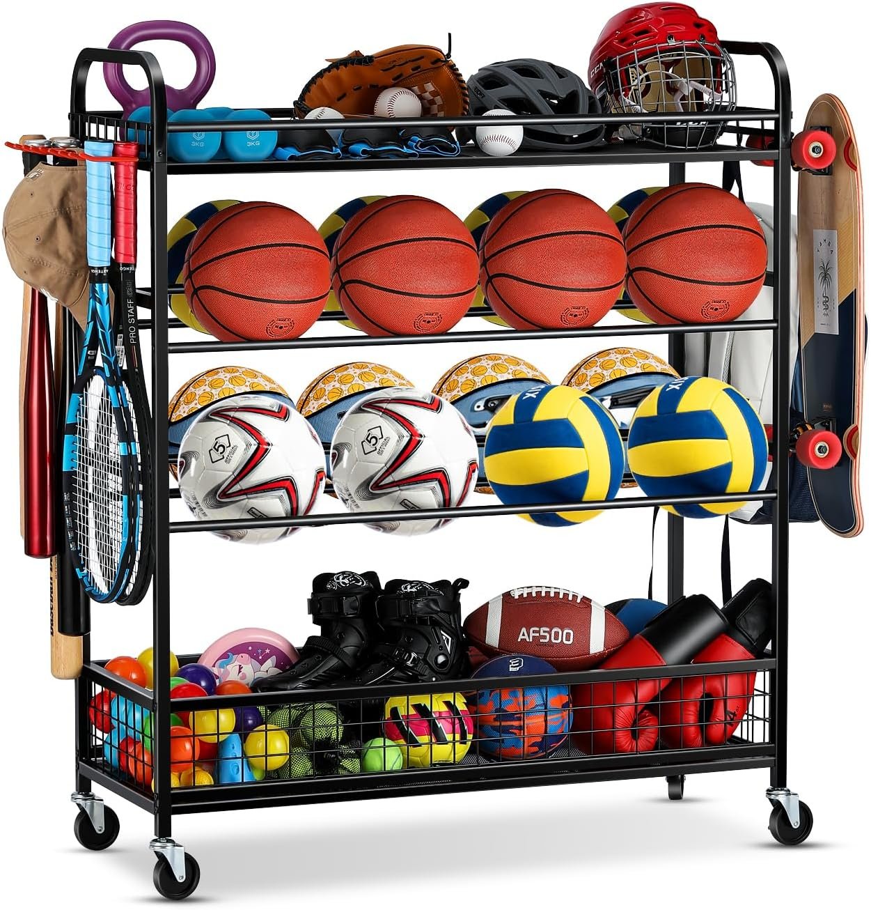 Garage Sports Equipment Organizer - Rolling Ball Storage Bin with Wheels, Garage Sports Gear Rack Outdoor Basketball Racks for Balls with Baseball Bat Holder and Hooks, Toy Organizer