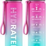 Water Bottle with Straw, 32oz Motivational Water Bottles with Time Marker to Drink, Tritan BPA Free, 1L Sports Water Bottle with Carry Strap LeakProof for Women Gym Fitness Outdoor (1 Pack)